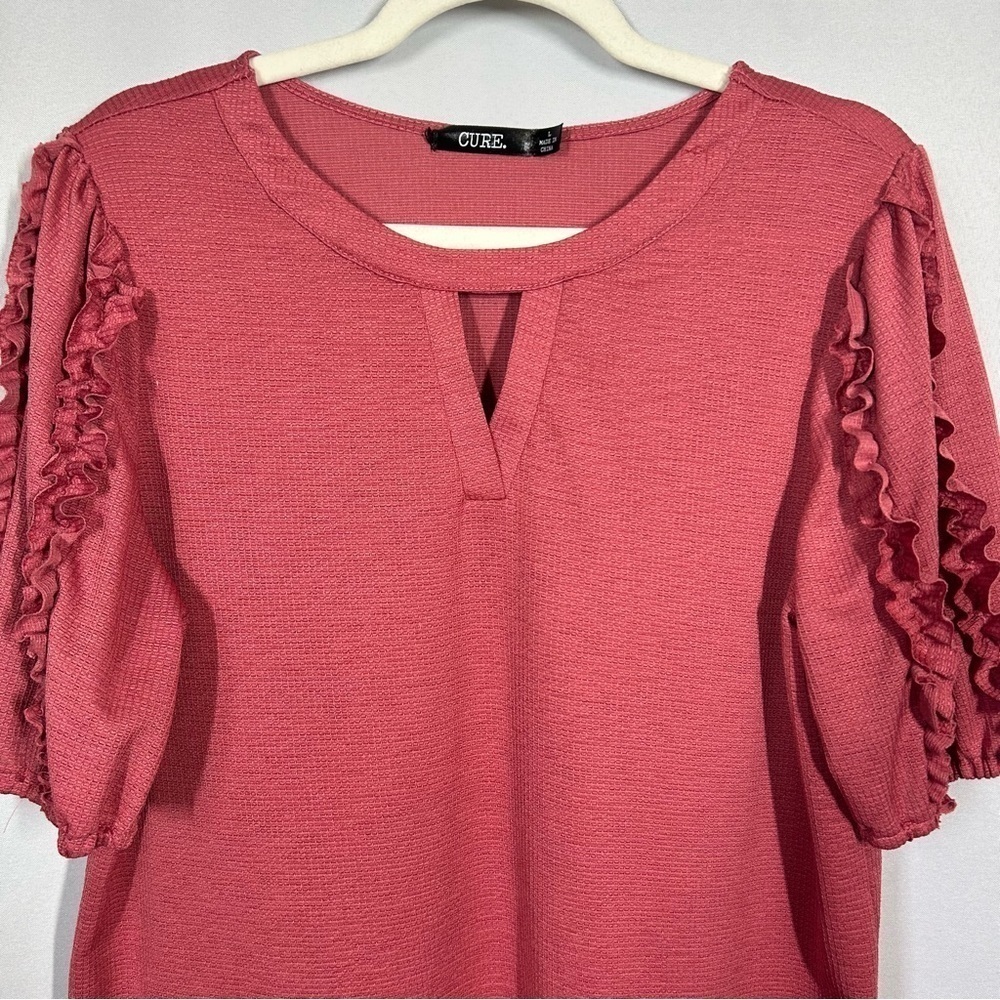 Cure | Pink Blouse Short Sleeve Ruffles Women's Size Large - Picture 3 of 12